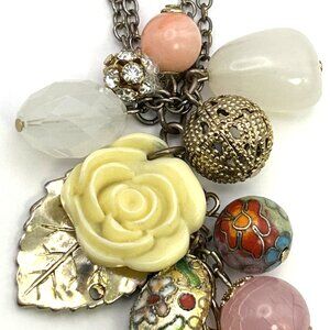 Boho Charm Cluster Necklace Cloisonne Beads Rose Tassel Pendant Long 37 in